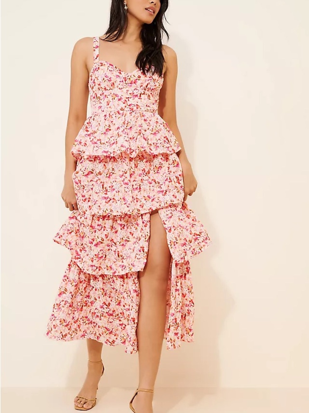 ASTR THE LABEL Midsummer Eyelet Tiered Maxi Dress Women Medium Pink White Floral